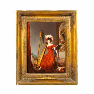 ALFRED EDWARD CHALON, "LADY WITH HARP", FRAMED