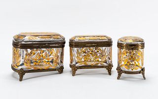 3PC GROUP, BRONZE MOUNTED GILDED GLASS CASKETS