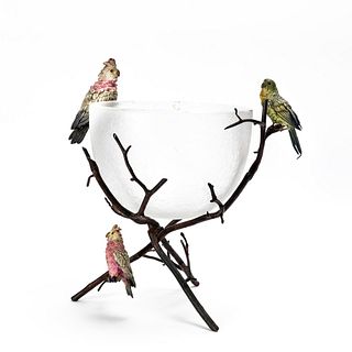 GLASS BOWL & PAINTED BRONZE BIRD & TWIG STAND