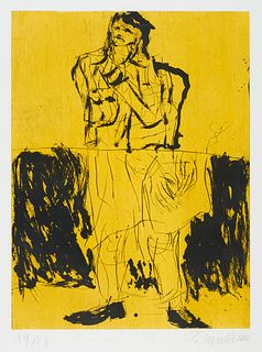 Baselitz, Georg Maler im Mantel. 2006. Strichätzung mit Aquatinta in gelb u. schwarz auf Somerset Bütten. 66 x 49,5 cm (84,3 x 64,4 cm). Signiert, dat