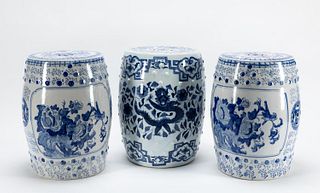 GROUP OF THREE, CHINESE BLUE & WHITE GARDEN SEATS