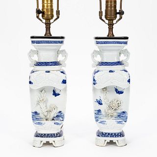 PAIR, BLUE & WHITE TABLE LAMPS, APPLIED FLOWERS