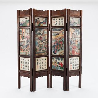 CHINESE FIGURAL MOTIF TABLE TOP FOUR PANEL SCREEN