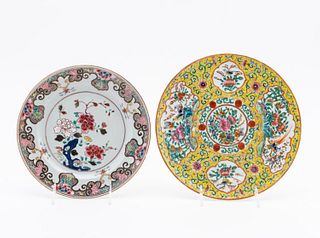 2 CHINESE EXPORT PORCELAIN PLATES, YELLOW & ROSE