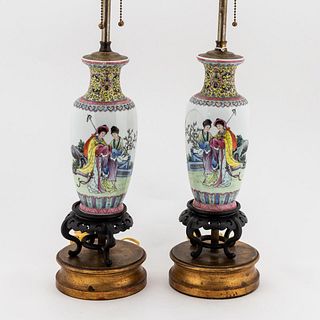 PAIR, CHINESE FAMILLE ROSE THIN VASE TABLE LAMPS