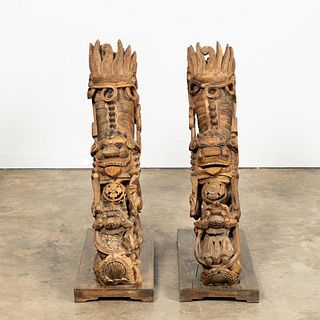 PAIR, CHINESE CARVED WOOD BUDDHIST LION CORBELS