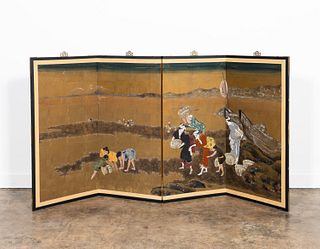JAPANESE FOUR PANEL PAINTED FIGURAL HANGING SCREEN