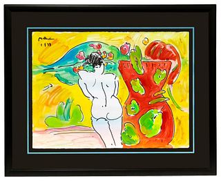 PETER MAX, "NUDE BY VASE" ACRYLIC ON PAPER, 1997