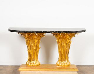 HOLLYWOOD REGENCY-STYLE MARBLE & GILT PALM CONSOLE