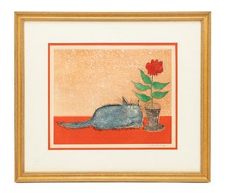 FRENCH SCHOOL, MODERN COLOR ETCHING OF CAT, FRAMED