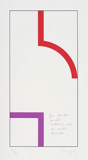 Honegger, Gottfried o.T. Farbserigraphie auf Papier. 48 x 24 cm (57 x 32 cm). Signiert, nummeriert und bezeichnet "Die Kunst macht sichtbar, was wir n
