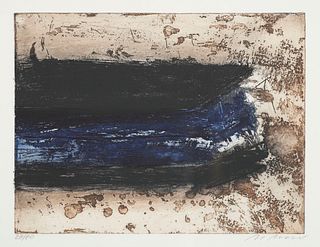 Moser, Maria Blauer Schub. Farbaquatintaradierung auf cremefarbenem Bütten. 22 x 29 cm (39 x 49 cm). Signiert und nummeriert. Unter Glas gerahmt (unge