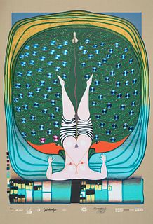 Hundertwasser, Friedensreich Hommage à Schröder-Sonnenstern. 1972. Farbserigraphie m. Metallfolienauflage auf gräulichem Papier. 86 x 64,5 cm (100 x 7