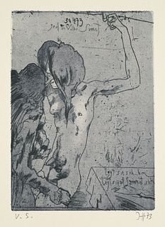Janssen, Horst Gruß an Volker Sammet. 1973. Kaltnadelradierung auf chamoisfarbenem Bütten. 18,5 x 13 cm (39 x 25,5 cm). Monogrammiert, datiert sowie b