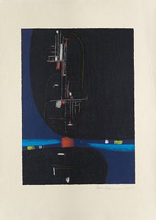 Ackermann, Max An die Freude. 1956. Farbserigraphie auf cremefarbenem Bütten. 49 x 35 cm (70,5 x 51 cm). Signiert und datiert. - Eine Blattkante verti
