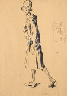 Ackermann, Max Schreitende. 1922. Kohle auf transparentem Papier, punktuell montiert auf chamoisfarbigem Papier. 35,5 x 25,5 cm (50 x 38 cm). Signiert