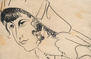 Ackermann, Max Frau mit Haube. 1924. Kohle auf transparentem Papier, montiert auf chamoisfarbenem Papier. 20,7 x 31,7 cm (50 x 38 cm). Signiert und da