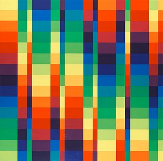 Lohse, Richard Paul 15 systematische Farbreihen mit fünf gleichen horizontalen Rythmen. 1955-1969. Farbserigraphie auf Kunststoff. 114 x 115 cm. In Ku