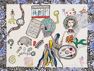 Saint-Phalle, Niki de Vanitas. Farblithographie mit Farbstift überarbeitete und partiell mit farbiger Metallfolienapplikation auf chamoisfarbenem Bütt