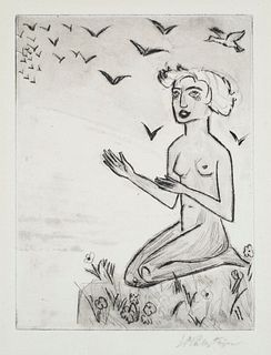 Pechstein, Hermann Max Yali VI. (Das knieende Mädchen mit Vögeln). 1923. Kaltnadelradierung auf cremefarbenem Bütten. 23,9 x 18 cm (34 x 24,5 cm). Sig