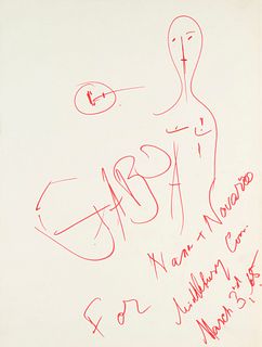 Gabo, Naum o.T. 1965. Faserstift auf glattem, chamoisfarbenem Schöller Turm. 38,5 x 30 cm. Signiert, datiert, betitelt und mit handschriftlicher Widmu