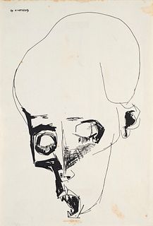 Guayasamín, Oswaldo o.T. (Totenkopf). 1962. Tinte auf chamoisfarbenem Vélin. 30,5 x 20,6 cm. Signiert und datiert. Punktuell auf Unterlage montiert un