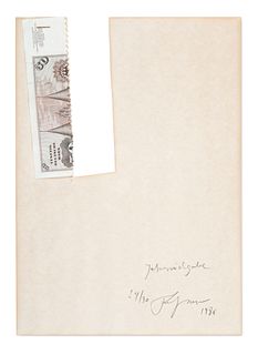 Droese, Felix Jahresrückgabe. 1986. Multiple mit beschnittener und collagierter 50 D-mark Banknote auf Papier. 29,5 x 20,5 cm. Signiert, datiert, beti