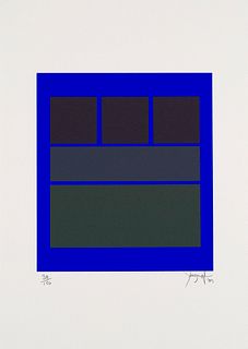 Juszczyk, James o.T. (Abstrakte geometrische Komposition). 1989. Farblithographie auf chamoisfarbenem Papier. 19,6 x 17,1 cm (35 x 25 cm). Signiert, d