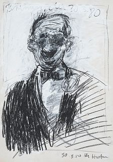 Hartmann, Thomas Bildnis enes Mannes mit Fliege. 1980. Mischtechnik auf Karton. 60,5 x 43 cm. Signiert, unleserlich bezeichnet und zweifach datiert "3
