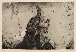 Janssen, Horst Kerstin auf den Kreidefelsen. 1974. Radierung auf grauem Bütten. 28,5 x 43,5 cm (44,5 x 59,6 cm). Signiert, datiert und nummeriert, zus