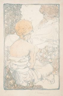Brangwyn, Sir Frank William Zwei Mädchen. Um 1900. Farbige Kreidelithographie auf feinem Papier. 30 x 20 cm (49,7 x 38 cm). Signiert und bezeichnet "9