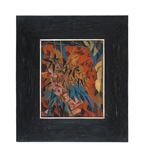 Melzer, Moriz Komposition 2. 1919/1920. Farbmonotypie auf Transparentpapier, auf Hartfaser aufgezogen. 27,5 x 22,5 cm. - Hochwertig unter Glas im dunk