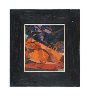 Melzer, Moriz Komposition 1. 1919/1920. Farbmonotypie auf Transparentpapier, auf Hartfaser aufgezogen. 26 x 22,4 cm. - Hochwertig unter Glas im dunkel