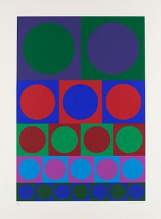 Vasarely, Victor o.T. (geometrische Komposition). Farbserigraphie auf chamoisfarbenem Karton. 60 x 42 cm (80 x 60 cm). Signiert und nummeriert. - Im w