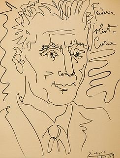 Picasso, Pablo X Anniversaire du Mouvement de la Paix. Hommage a F. Joliot Curie. Paris, Schuster. 1959. Lithographie umrandet von blauen Papier aufge