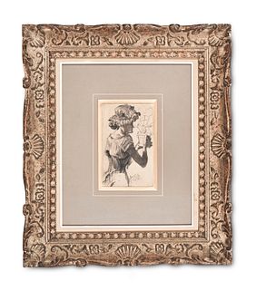 Menzel, Adolph von Frau mit Blumentopf. Graphit, partiell gewischt, auf Velin. 20,4 x 12,7 cm. Monogrammiert. Punktuell unter Passepartout montiert un