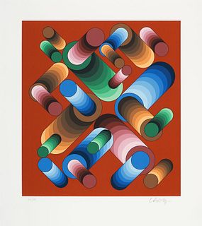 Vasarely, Victor Oslop 3. 1989. Farblithographie auf chamoisfarbenem Bütten. 46 x 42 cm (61 x 53,5 cm). Signiert und nummeriert. Auf Unterlage und unt