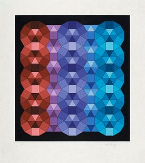 Vasarely, Victor YKA. 1989. Farbserigraphie auf japon nacrée. 46,4 x 42 cm (61,5 x 54 cm). Signiert und römisch nummeriert. Punktuell auf Unterlage mo