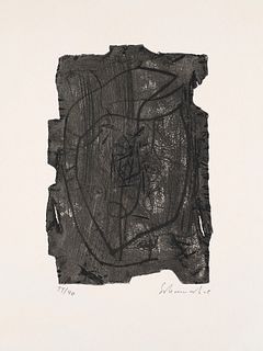 Schumacher, Emil o.T. (Abstrakte Komposition aus Poesie in Schwarz-Weiß). 1959. Aquatinta Radierung auf Vélin. 25 x 17,5 cm (48 x 45,6 cm). Signiert u