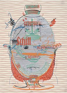Wewerka u. Dieter Roth, Stefan Kümmelei. 1970. Farbserigraphie auf gemustertem Papier. 65 x 44 cm (69,5 x 50,5 cm). Nummeriert sowie von beiden Künstl