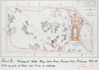 Christo (d. i. Chr. Javacheff) Christo: Wrapped Walk Ways, Loose Park, Kansas City, Missouri 1977-78. 1980. Farboffsetlithographie auf Papier. Ca. 45 