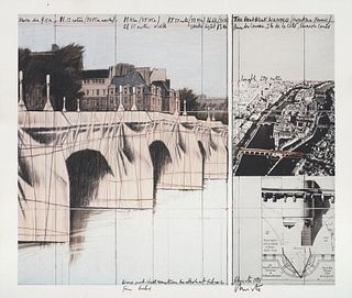 Christo (d. i. Chr. Javacheff) The Pont Neuf wrapped, project for Paris. 1985. Farboffset auf Papier. 60 x 70,5 cm (69 x 81 cm). Signiert u. mit kurze