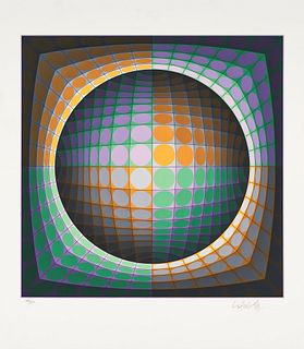 Vasarely, Victor Dirak. (1988). Farbserigraphie auf Papier. 50,5 x 50,5 cm (ca. 68 x 60 cm). Signiert und nummeriert. - Unter Glas gerahmt (ungeöffnet