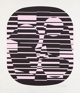 Vasarely, Victor Zeta. (1969). Farbserigraphie in Schwarz und Rosa auf Papier. 37,5 x 31,5 cm (ca. 45 x 40,5 cm). Signiert. - Unter Glas gerahmt (unge