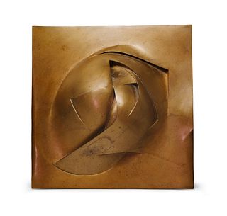 Ris, Günter Ferdinand Bronzestudie zu Out-In. 1965. Bronzerelief, fest auf Sperrholzplatte montiert. 8 x 31,5 x 31 cm. Verso mit Etikett mit Werksanga