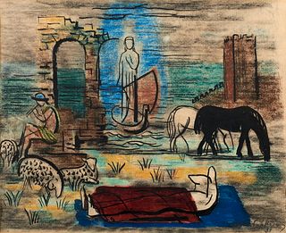 Hestermann, Ferdinand Szene aus Tristan und Isolde. 1931. Ölkreide, Pastell und Tusche auf chamoisfarbenem Papier. 34,5 x 42,5 cm (Sichtmaß). Signiert