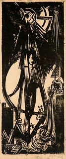 Graf, Gottfried Zur Quelle schreitender Jüngling. 1918. Holzschnitt auf Japan. 34,5 x 14,4 cm (37 x 16,5 cm). Unten rechts signiert und im Stock monog