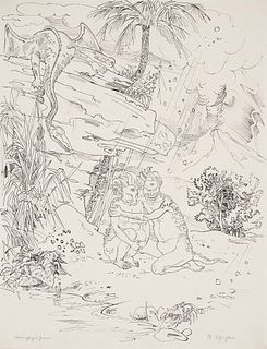 Schlichter, Rudolf Verängstigtes Paar. (1940er-50er). Tinte auf Papier (m. undefiniertem Wasserzeichen). 64,8 x 49,9 cm. Signiert und betitelt. Punktu