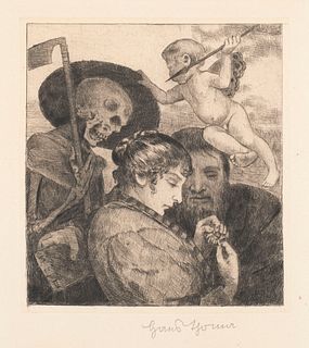 Thoma, Hans Schnitter Tod. Liebespaar mit Amor und Tod. 1919. Radierung auf Van Geldern (mit Wasserzeichen). 18,2 x 16,8 cm (50,5 x 32,7 cm). Signiert