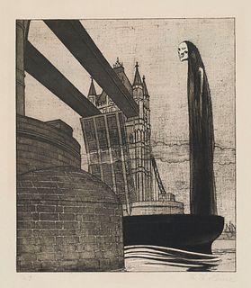 Heine, Thomas Theodor Themsebrücke in London. Das Verhängnis naht. o.J. Radierung auf chamoisfarbenem Papier. 23,4 x 28 cm (61 x 49 cm). Signiert, bet